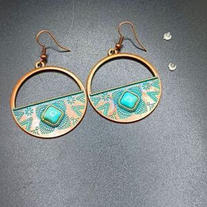 Bronze turquoise tribal engraved circle earrings boho ethnic design